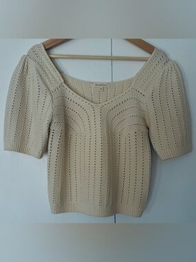 Shop Stevie Cream Openwork V-Neck Short Sleeve Sweater